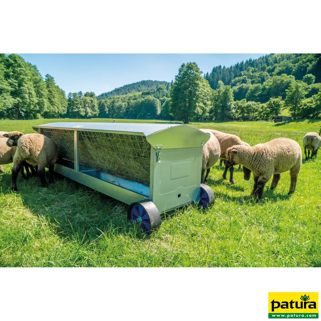 Heuraufe mit Rädern, L=1,25m mit Dach, für Lämmer und Schafe Schafe & Ziegen
